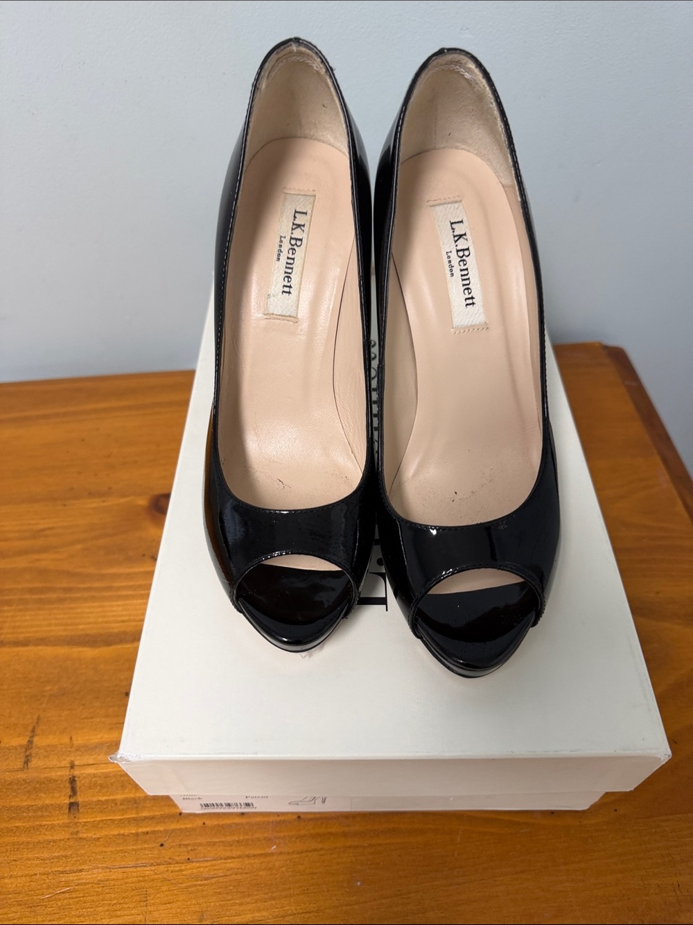 LK Bennett Black Patent Nina Peep-Toe Pumps 6M